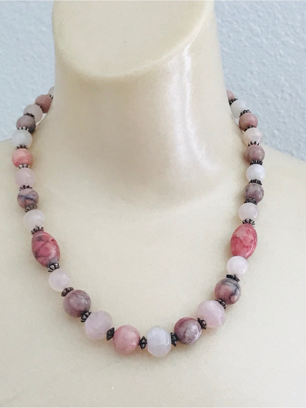 Vintage Beaded Rose Quartz & Rhodonite Gemstone Oval Filagree Fish Hook Clasp